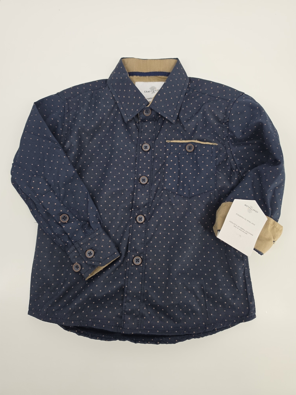 Craft + Flow Boys Navy Tan Dot Button Up Shirt Long Sleeve Pocket 2T